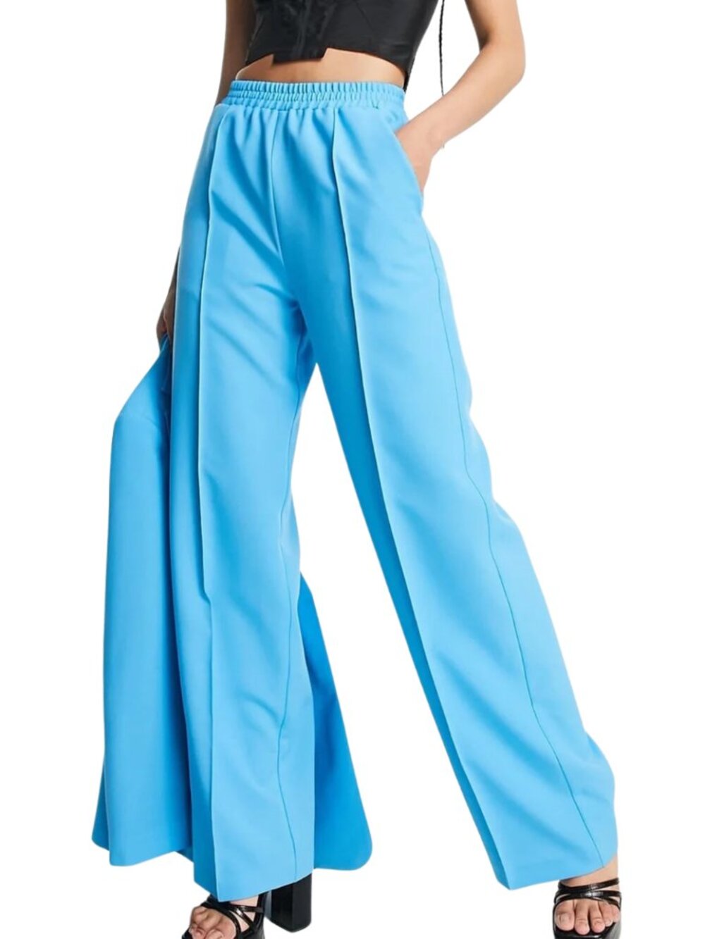 ASOS Wide Leg Pleated Elastic Waist Pants in Teal Blue